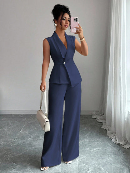 Women Sleeveless Suit and Straight Pants Two Piece Set