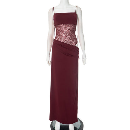 Women Summer Solid Color Lace Splicing Strap Dress