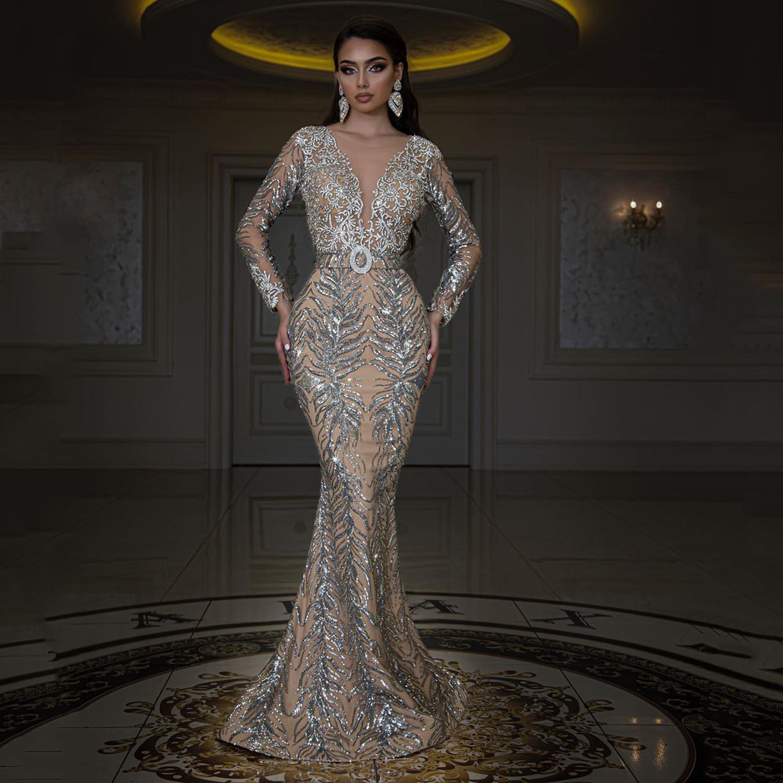 Long Sleeve Sexy Fishtail Evening Dress Bronzing Slim Fit Floor-Length Dress
