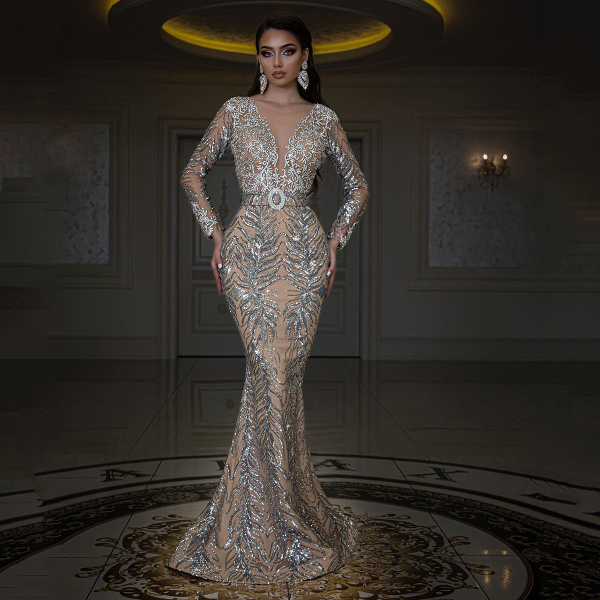 Long Sleeve Sexy Fishtail Evening Dress Bronzing Slim Fit Floor-Length Dress