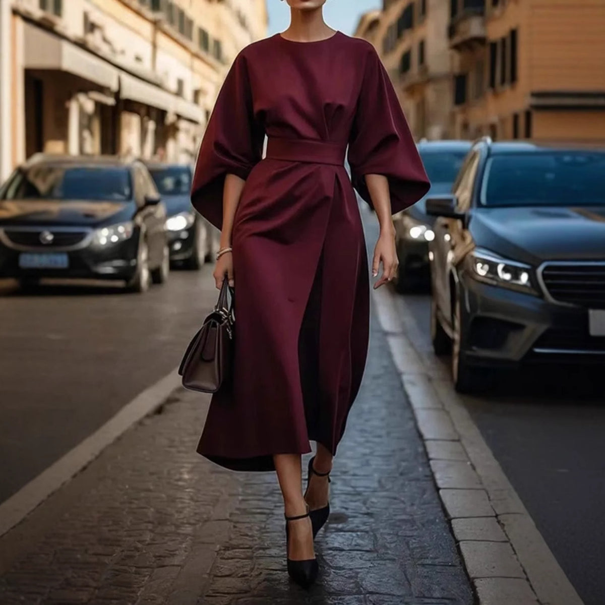Womens Elegant Solid Color Waist-Cinching Batwing Sleeve Long Dress