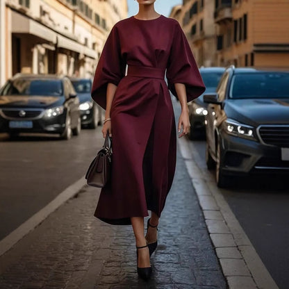 Womens Elegant Solid Color Waist-Cinching Batwing Sleeve Long Dress