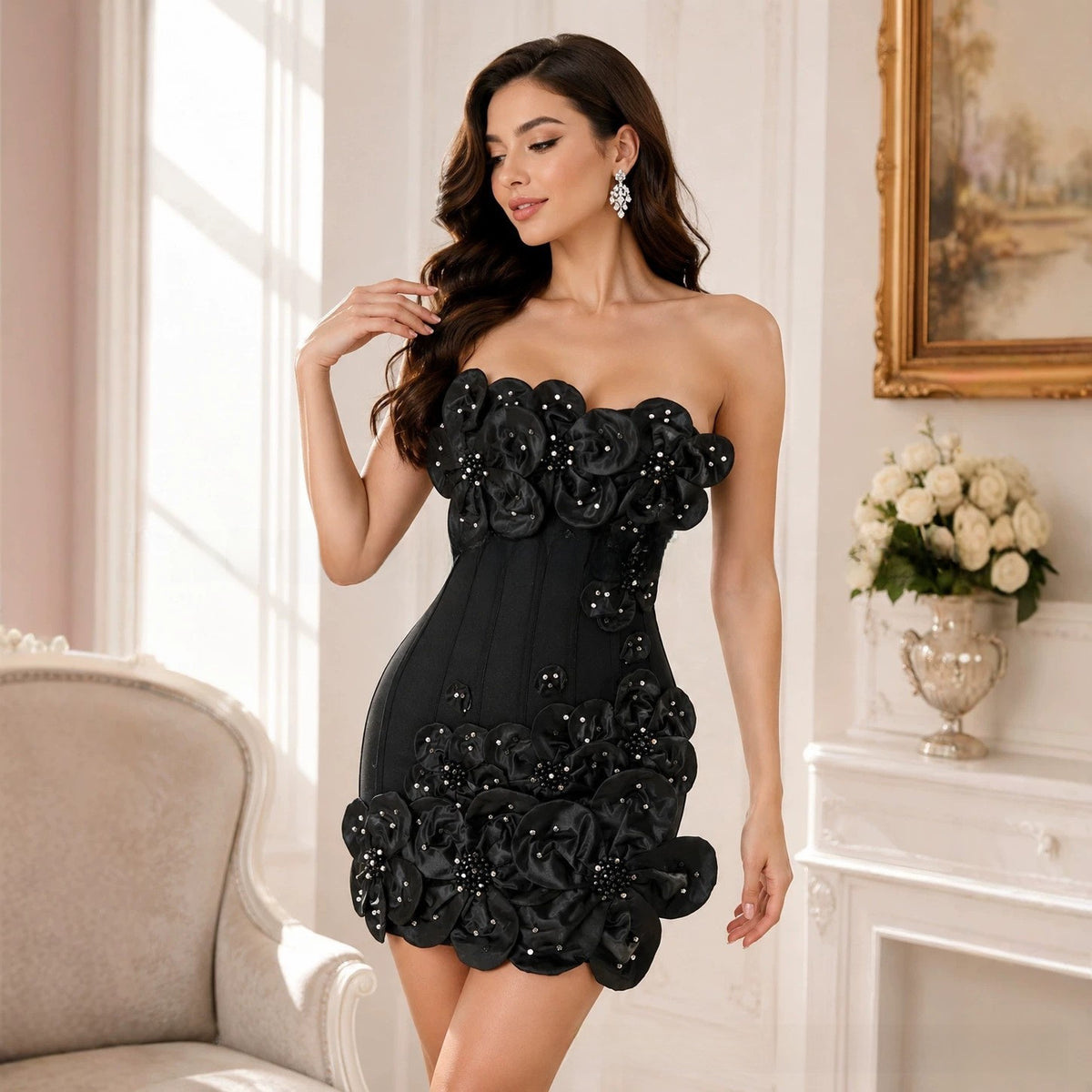 Strapless Floral Bandage Bodycon Dress