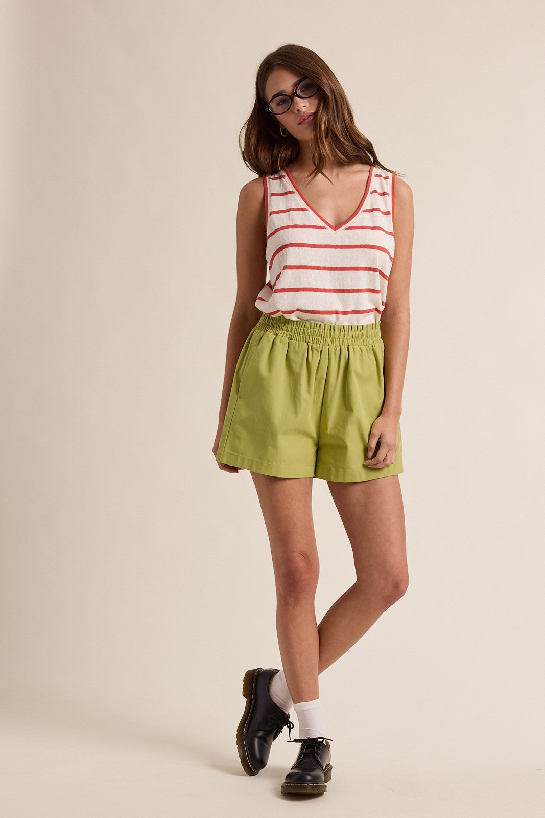 Striped Knit V-Neck Tank Top: Cherry