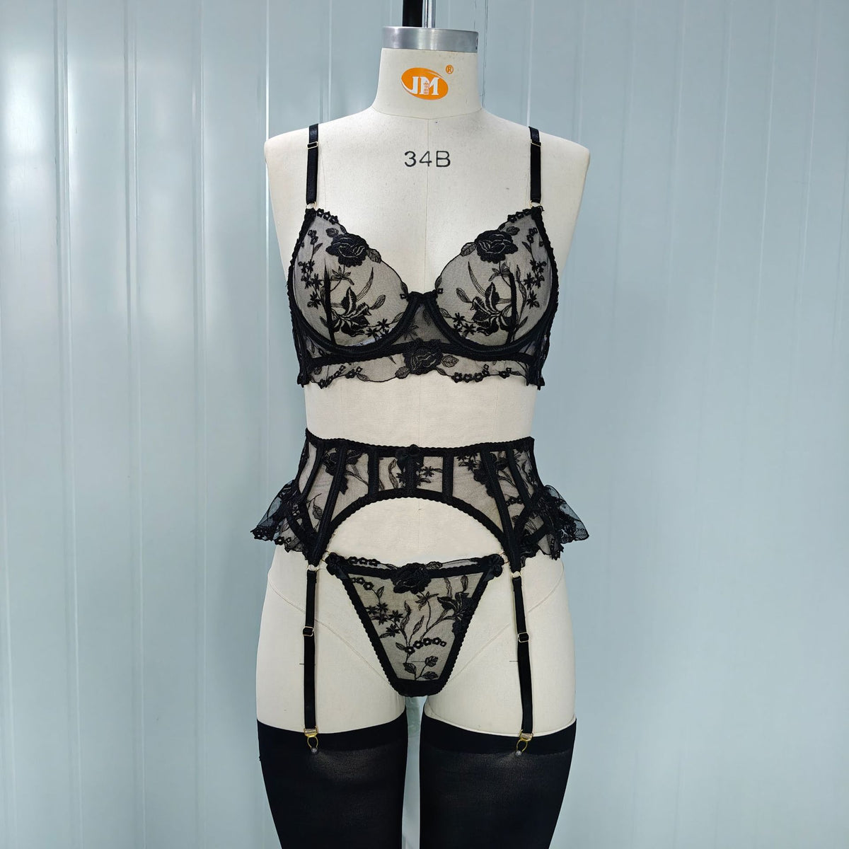 Floral Embroidery Lingerie Set with Garter Belt