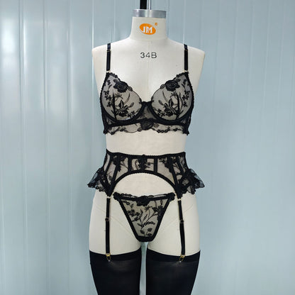 Floral Embroidery Lingerie Set with Garter Belt