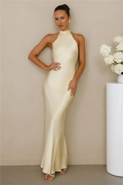Halter Neck Satin Long Dress for Women