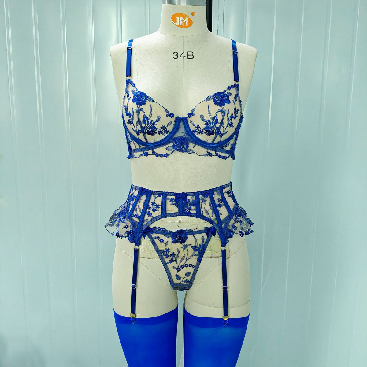 Floral Embroidery Lingerie Set with Garter Belt