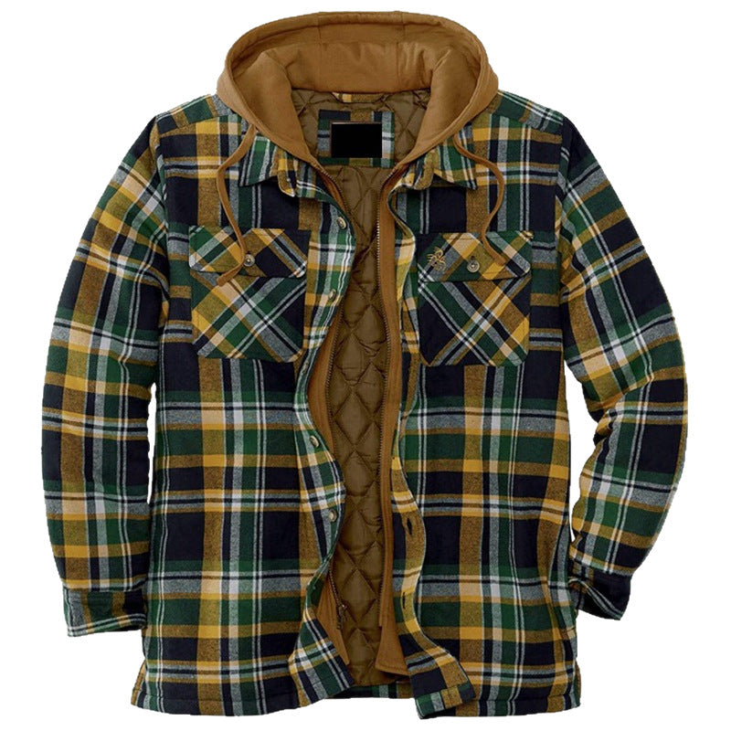Thickened Cotton Plaid Long Sleeve Hooded Jacket