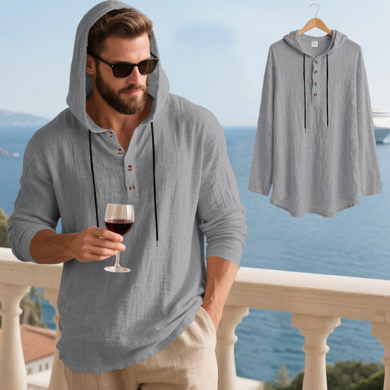 Mens Hooded Linen Long Sleeve T-Shirt