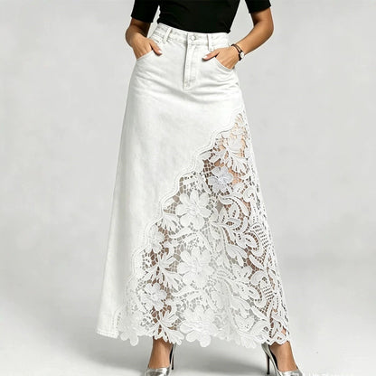 Lace Trim Denim Midi Skirt