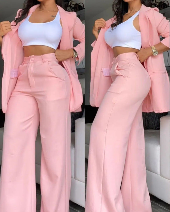 Elegant Solid Color Split Sleeve Lapel Blazer Straight Pants Suit