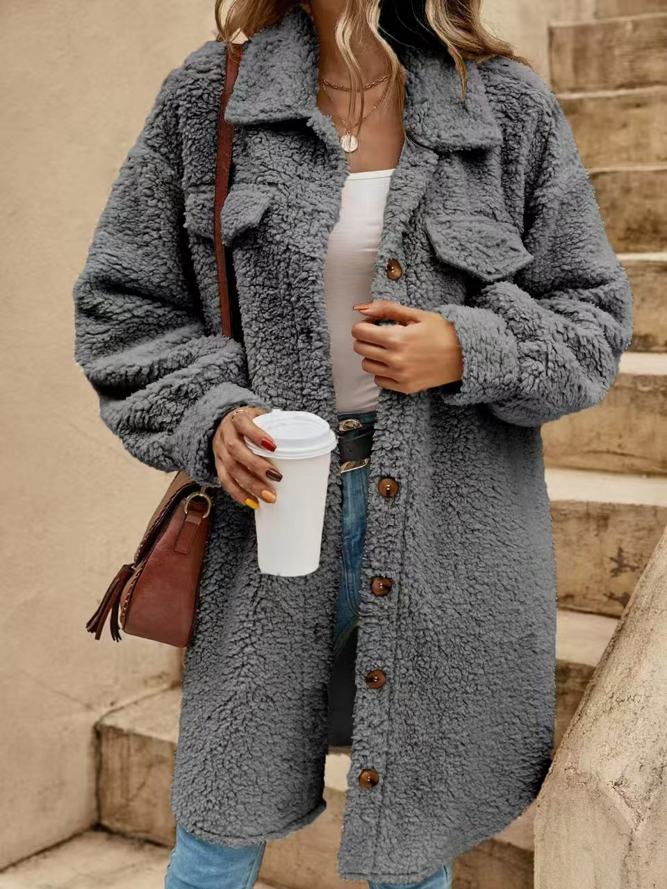 Womens Winter Plush Coat Open Front Lapel Long Coat