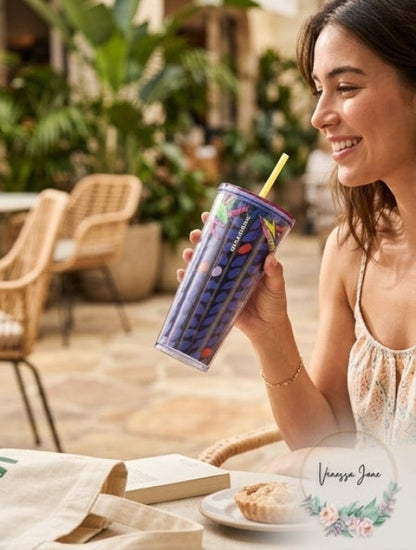 Starbucks Floral &amp; Leaves Purple Plastic Tropical Cold Cup 24Oz