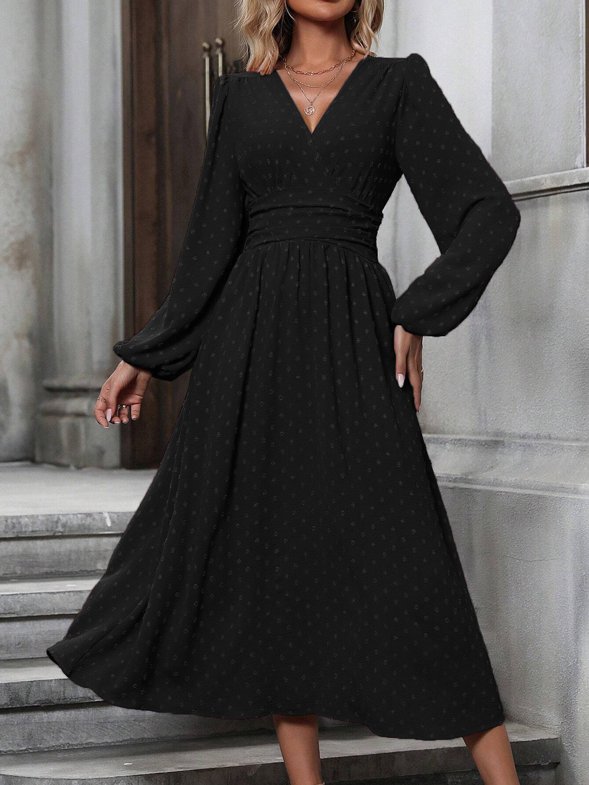 medium fur ball diagonal collar lantern sleeve pleated waist dress