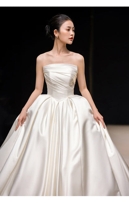 Court Satin Strapless Wedding Dress Long Train
