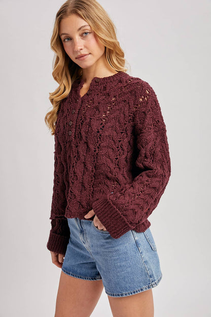 Half-Button Down Open Knit Sweater: ECRU