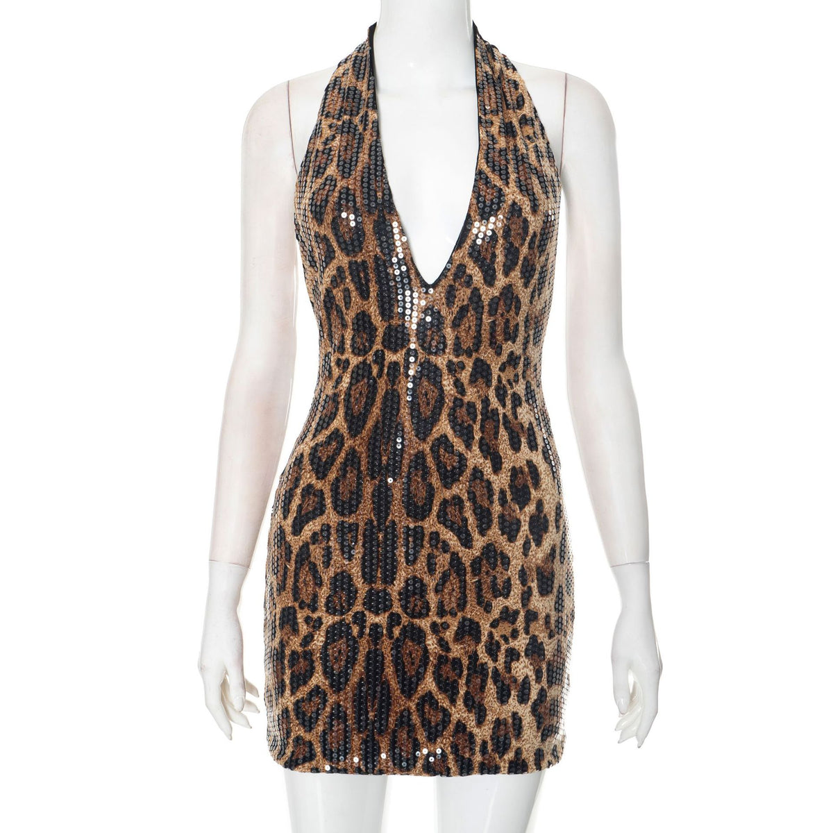 Halterneck Deep V Animal Print Sequin Sleeveless Backless Dress