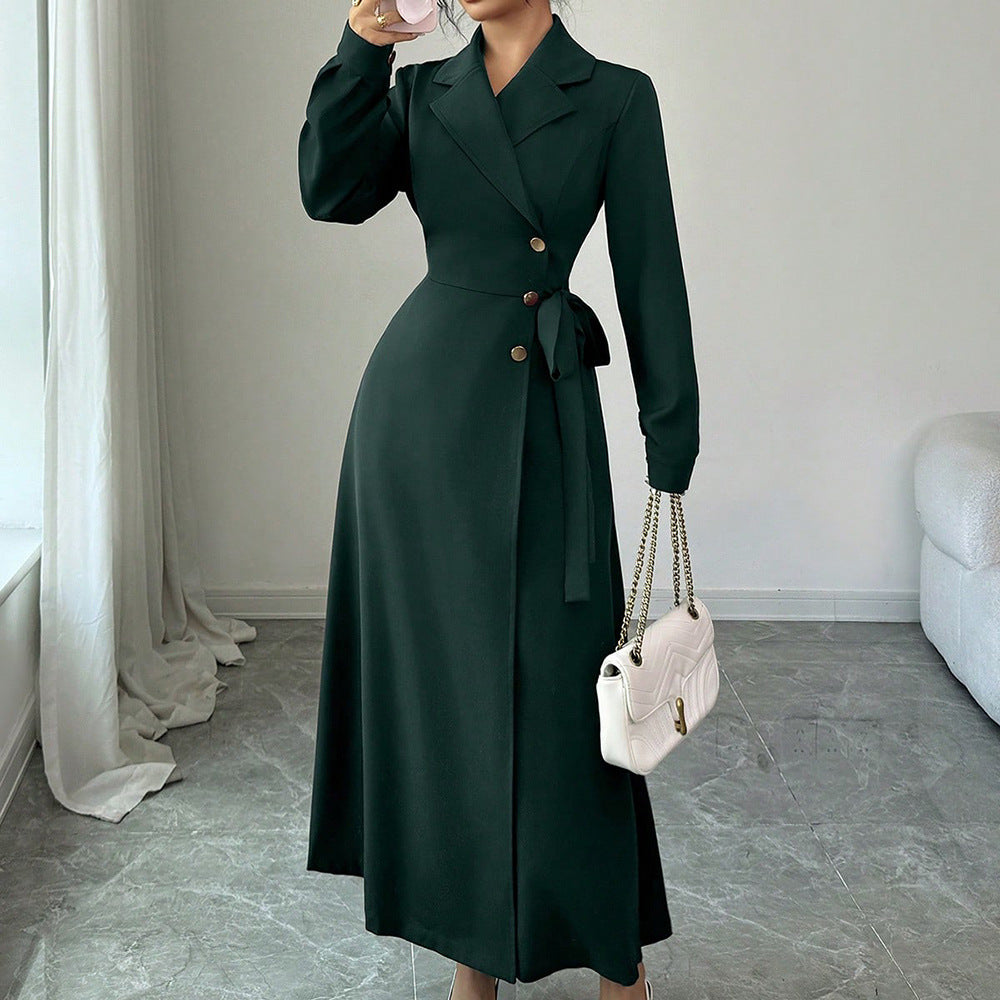 Womens Suit Collar Long Sleeve Waist Tie Dress