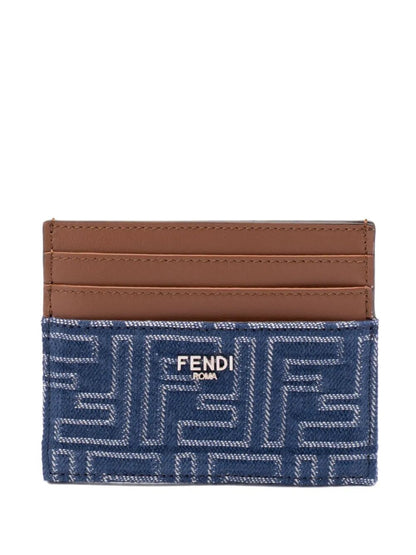 FENDI Denim Effect FF Jacquard Card Holder with Brown Leather Insert