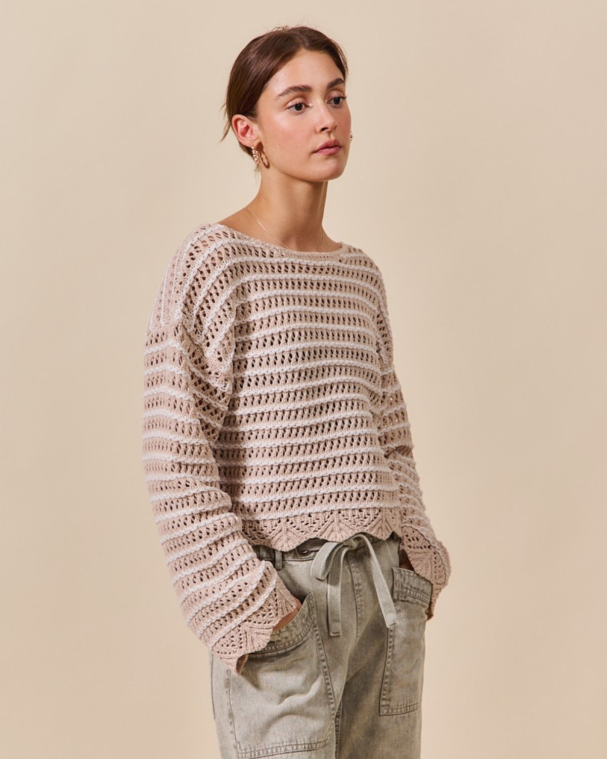 Textured Stripe Sweater W/ Scallop