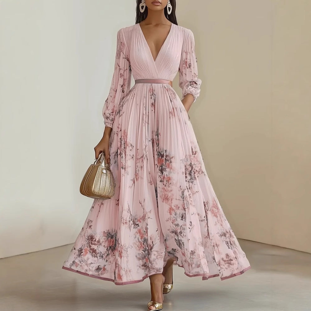 Floral Print V-Neck Pleated Dress