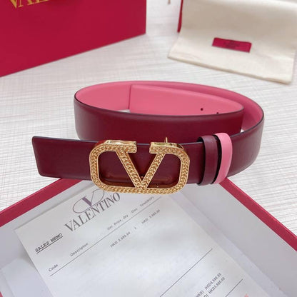 Valentino V logo Hammered Buckle Reversible Wide Signature Belt &