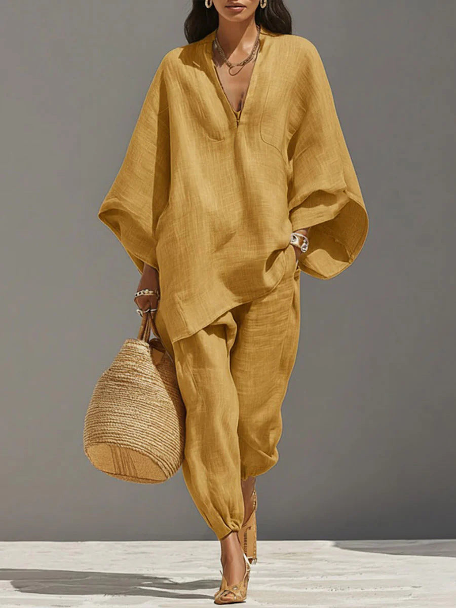 Batwing Sleeve V-Neck Casual Pants Suit