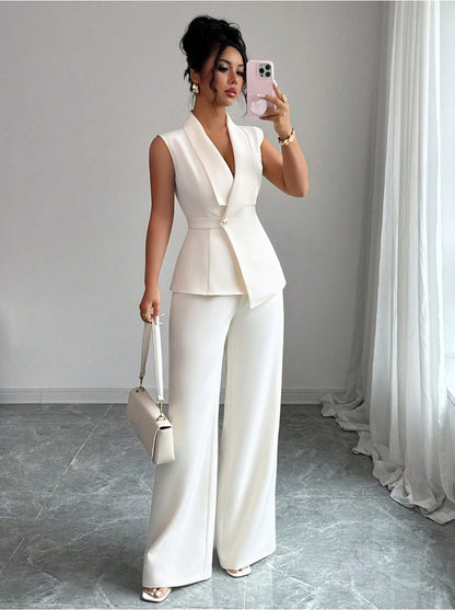 Women Sleeveless Suit and Straight Pants Two Piece Set