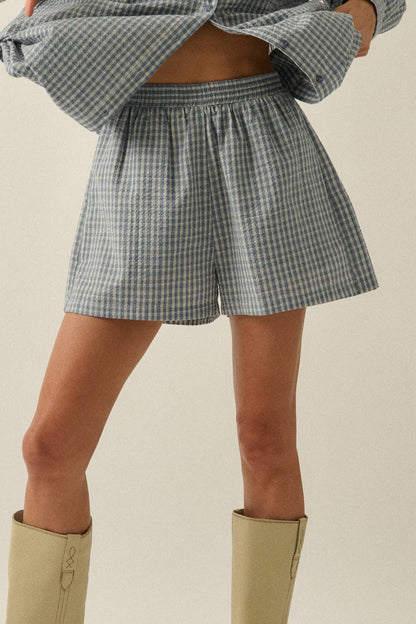 Plaid Textured Seersucker Wide-Leg Pocket Shorts: Chambray