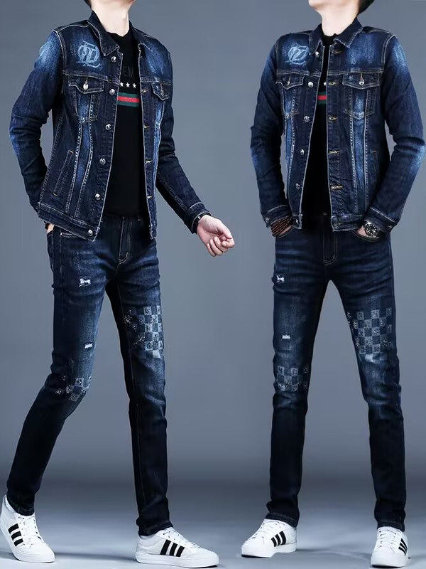 Slim-Fit Printed Denim Suit for Men
