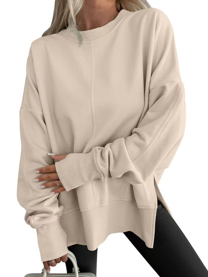 Womens Loose Bat Sleeve Side Slit Round Neck Fleece Lined Sweatshirt