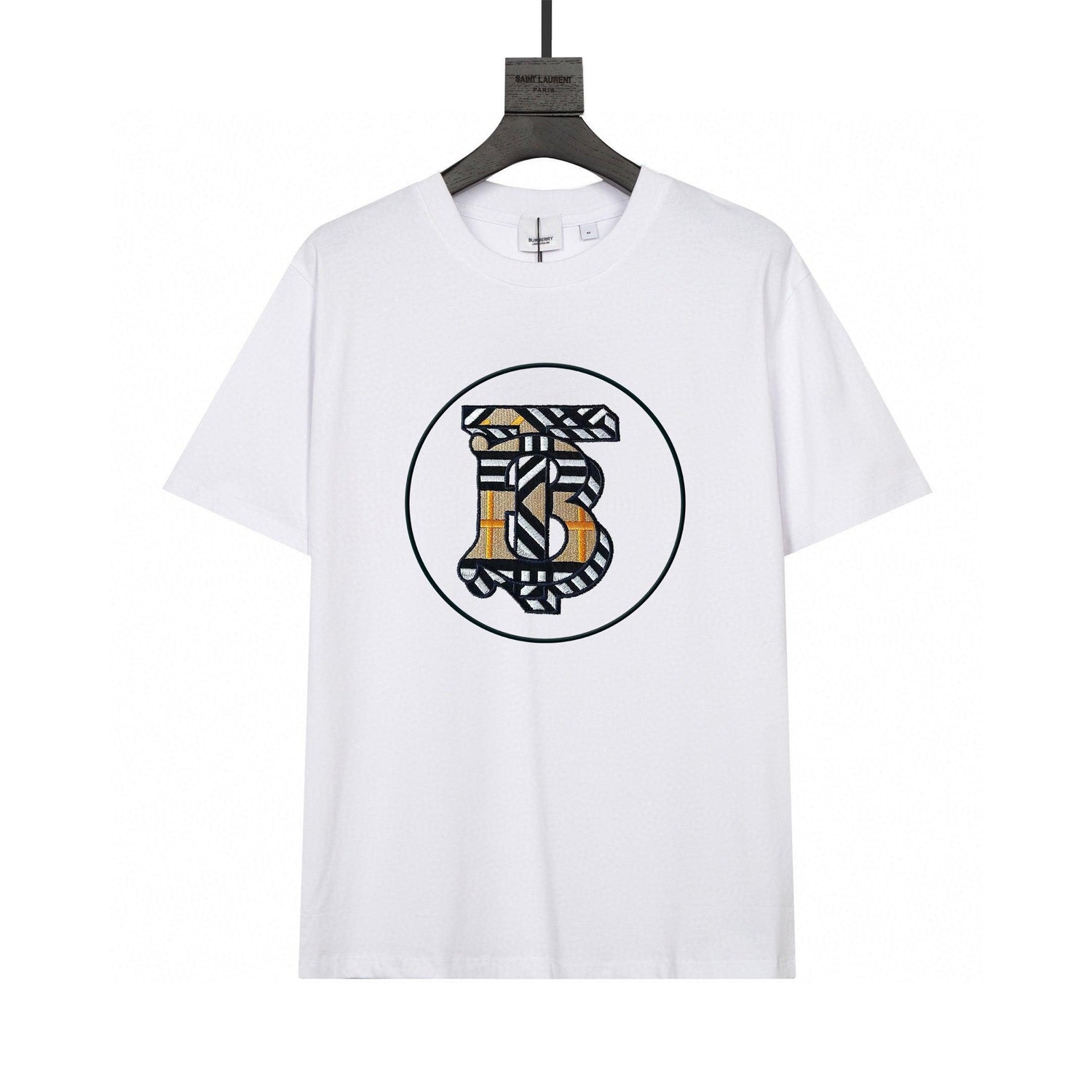 Burberry Collarless T-Shirt: White &amp; Beige Cotton Crewneck