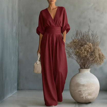 Elegant V Neck Waist Cinching Women Jumpsuit