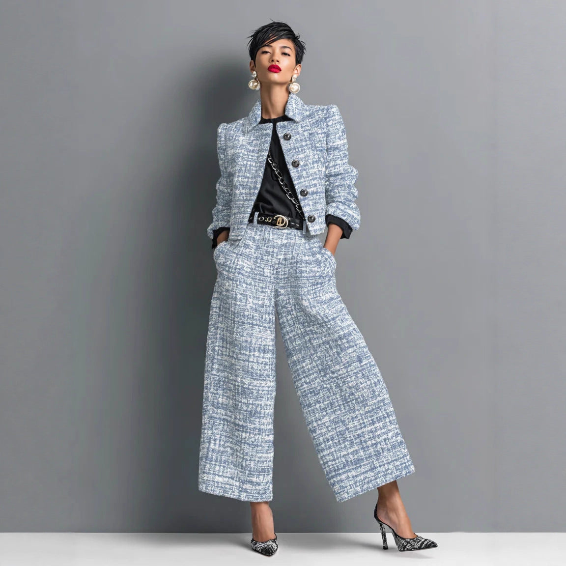 Women Lapel Short Jacket Wide Leg Pants Suit Two Piece Set