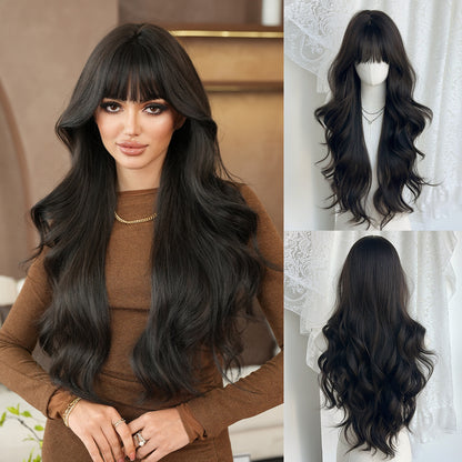 Long wavy hair with a natural topdoe of synthetic wig with a front fringe