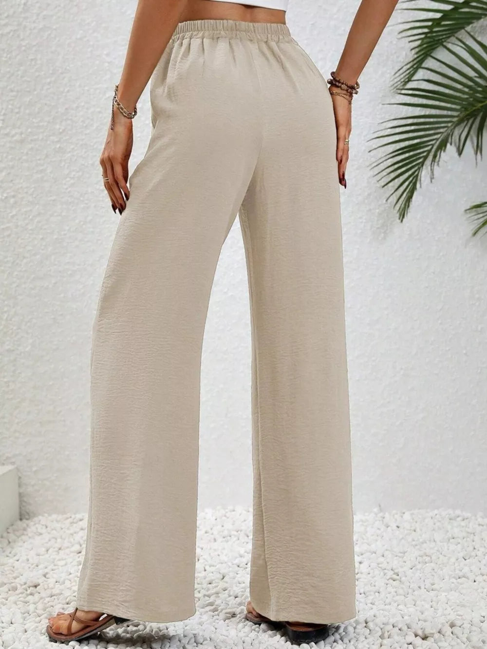 Casual Drawstring Wide Leg Pants: Apricot