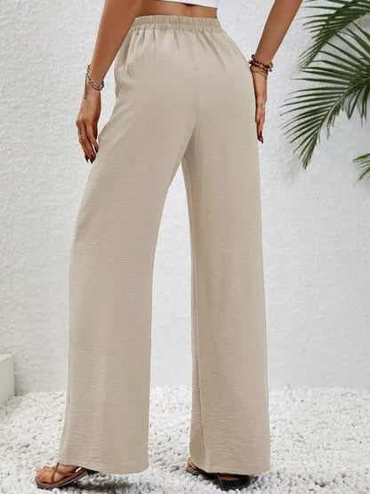 Casual Drawstring Wide Leg Pants: Apricot