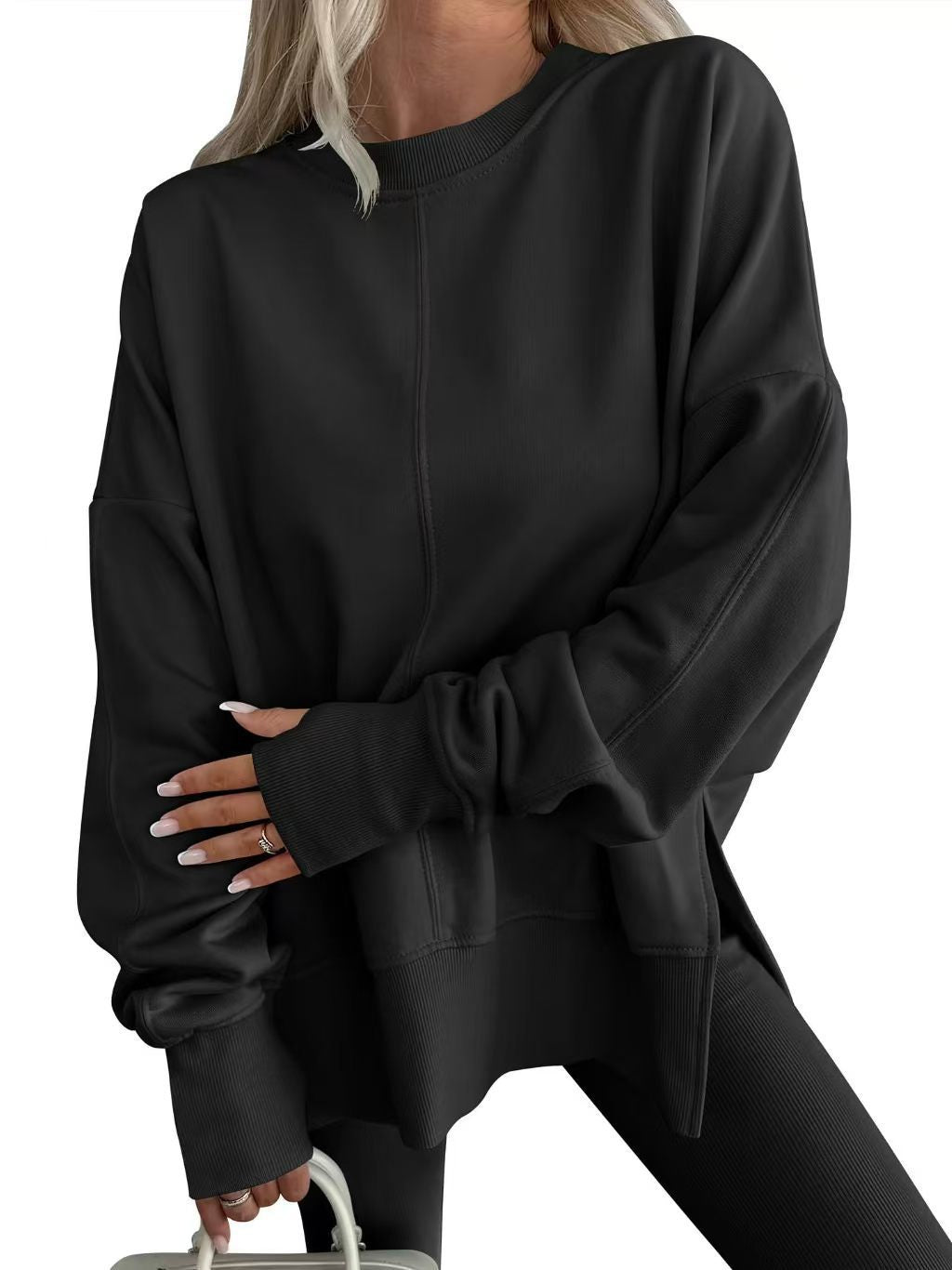 Womens Loose Bat Sleeve Side Slit Round Neck Fleece Lined Sweatshirt