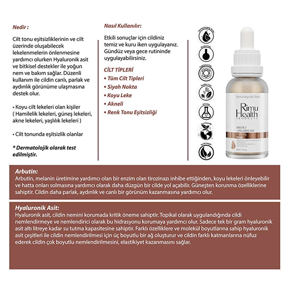 Rimu Health: Arbutin 2% Hyaluronic Acid Face Serum - Dark Spot Corrector, Skin Tone Evening &amp; Brightening Serum for Hyperpigmentation - 30ml