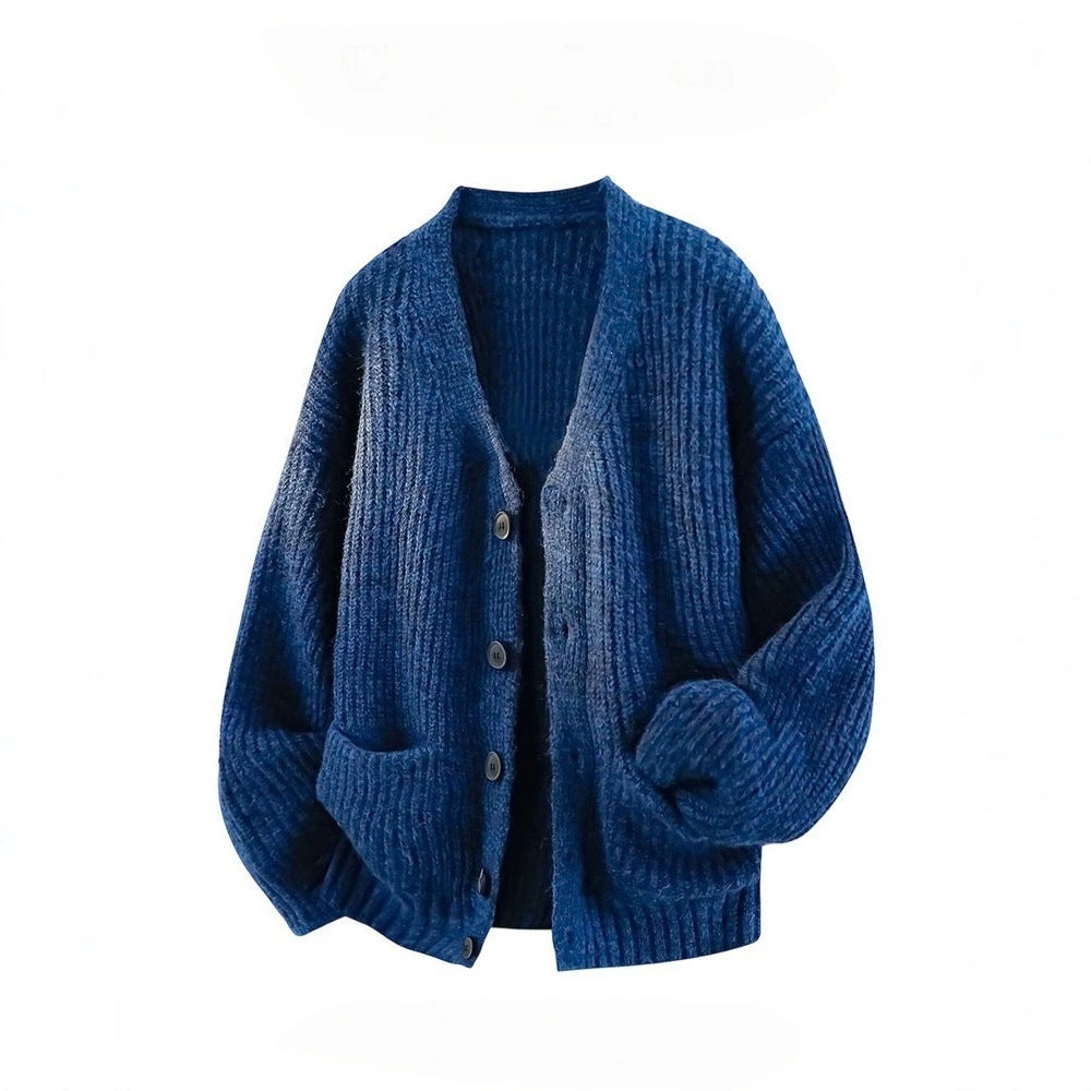 Mens V-Neck Knit Shirt Relaxed Fit Long Sleeve Top