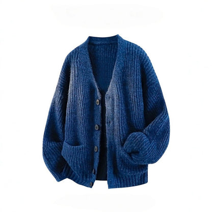 Mens V-Neck Knit Shirt Relaxed Fit Long Sleeve Top