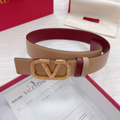 Valentino V logo Hammered Buckle Reversible Wide Signature Belt &