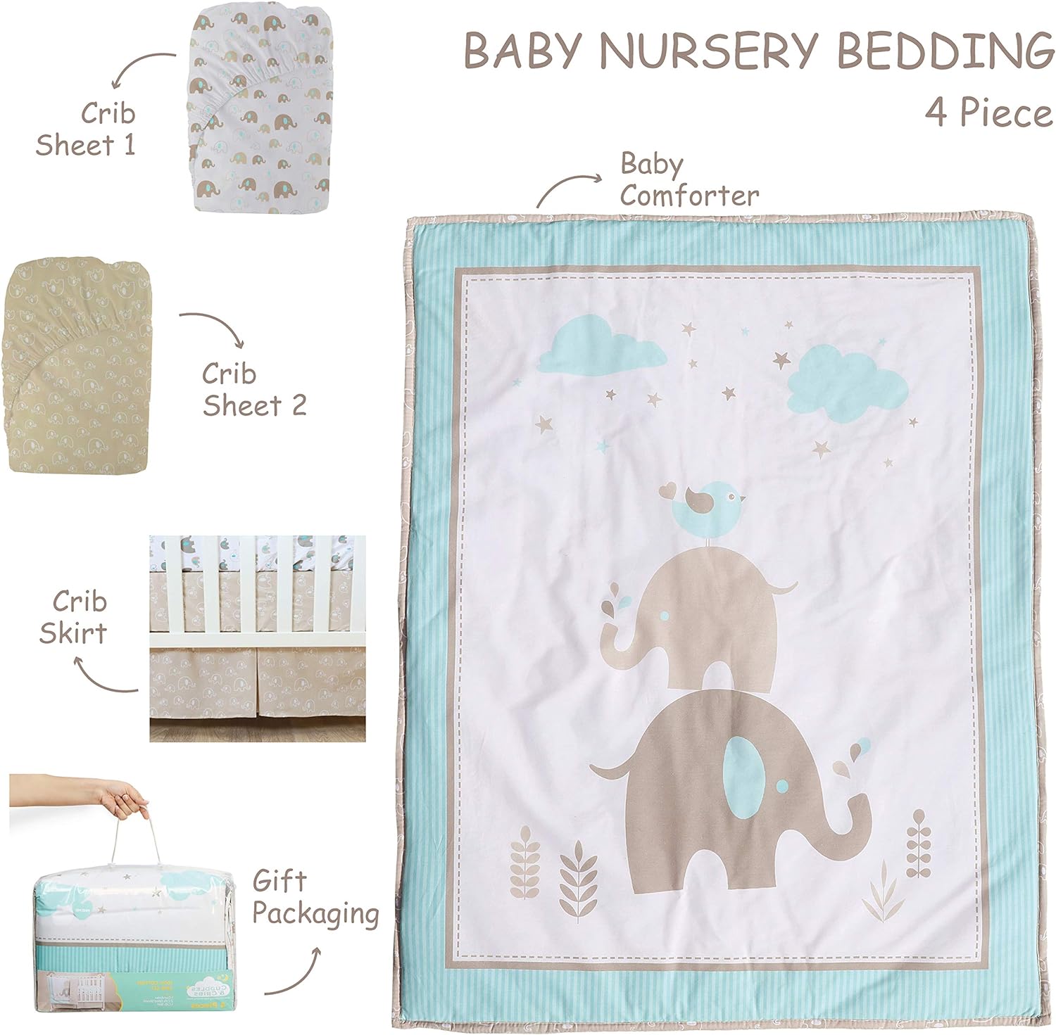 Cuddles &amp; Cribs Soft Cotton 4 Piece Baby Crib Bedding Set Reversible Comforter