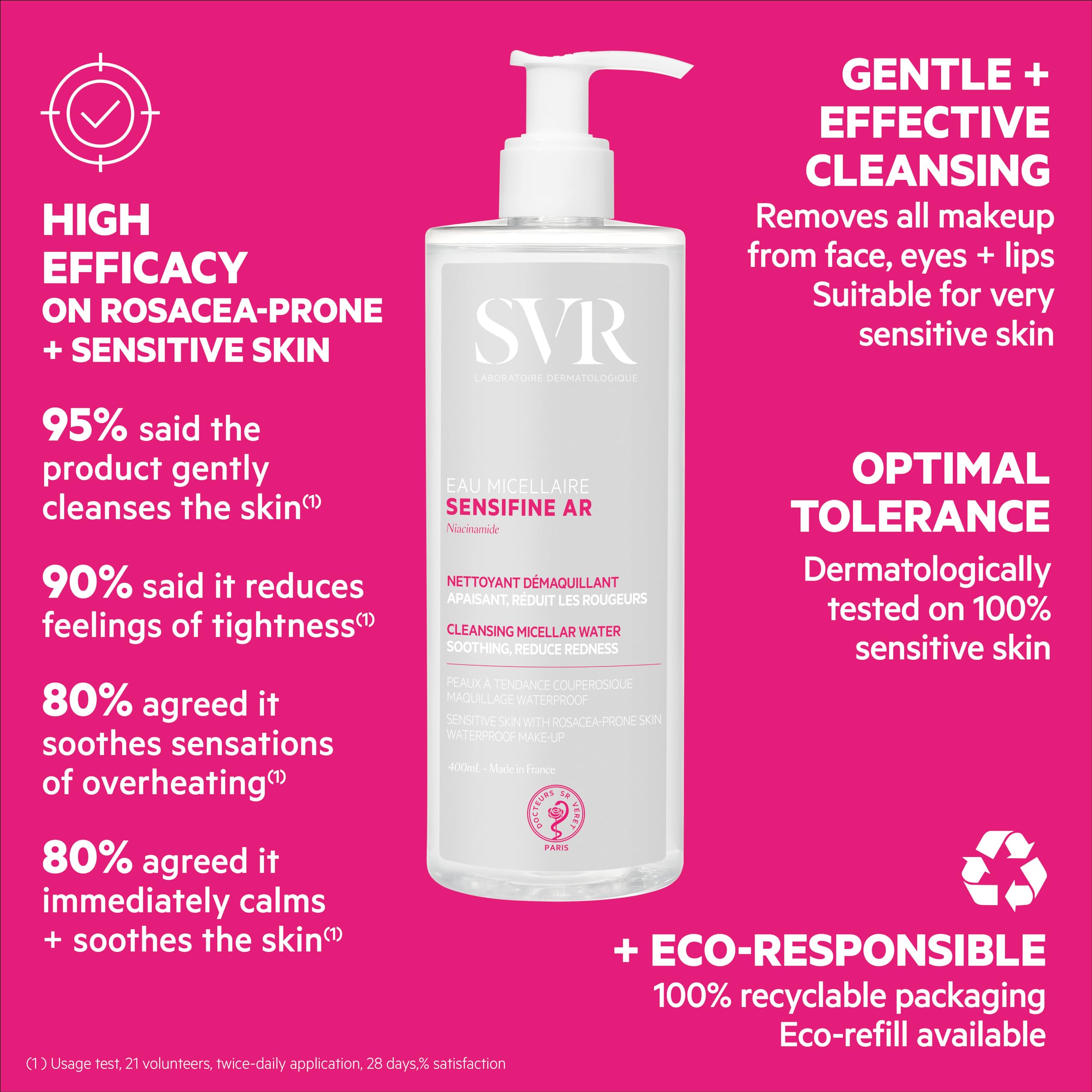 SVR Physiopure Cleansing Micellar Water - Gentle Makeup Remover for Sensitive Skin, 13.53 fl oz