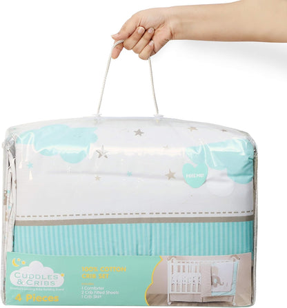Cuddles &amp; Cribs Soft Cotton 4 Piece Baby Crib Bedding Set Reversible Comforter