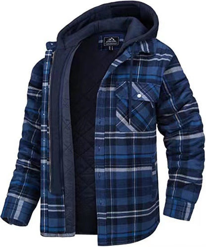 Men Plaid Thickened Cotton Hooded Jacket Coat