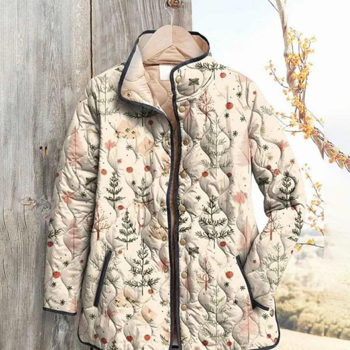 Women Floral Stand Collar Pleated Cotton Sweatshirt