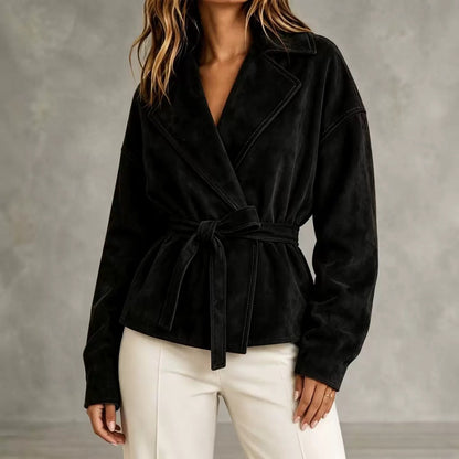 Lapel Suede Lace-Up Short Coat Loose Long Sleeve Jacket