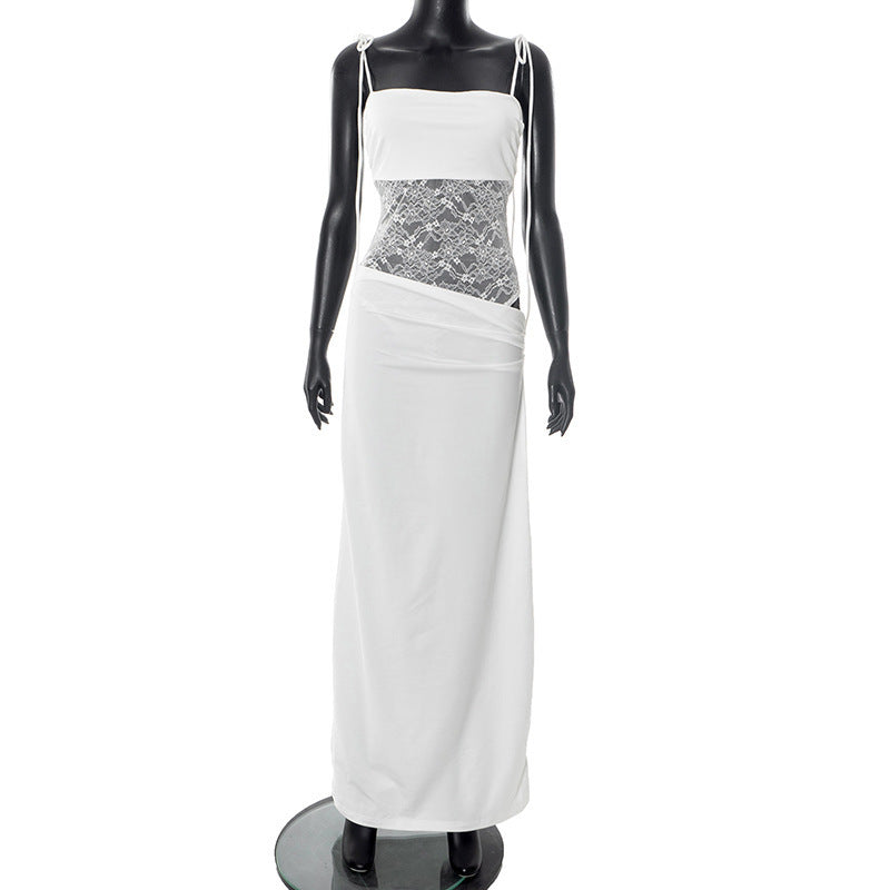 Women Summer Solid Color Lace Splicing Strap Dress